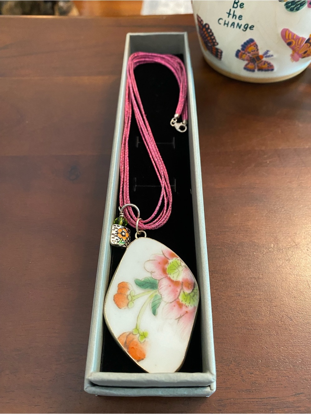 Amy Kahn Hand-Painted Pink Floral Pendant Sterling and glitter pink cord